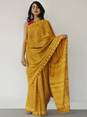 Tussar Handloom Silk Hand Block Printed Saree in Golden Yellow - S031702535