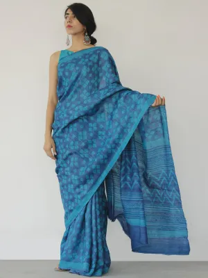 Tussar Handloom Silk Hand Block Printed Saree in Metallic Blue Indigo - S031702550