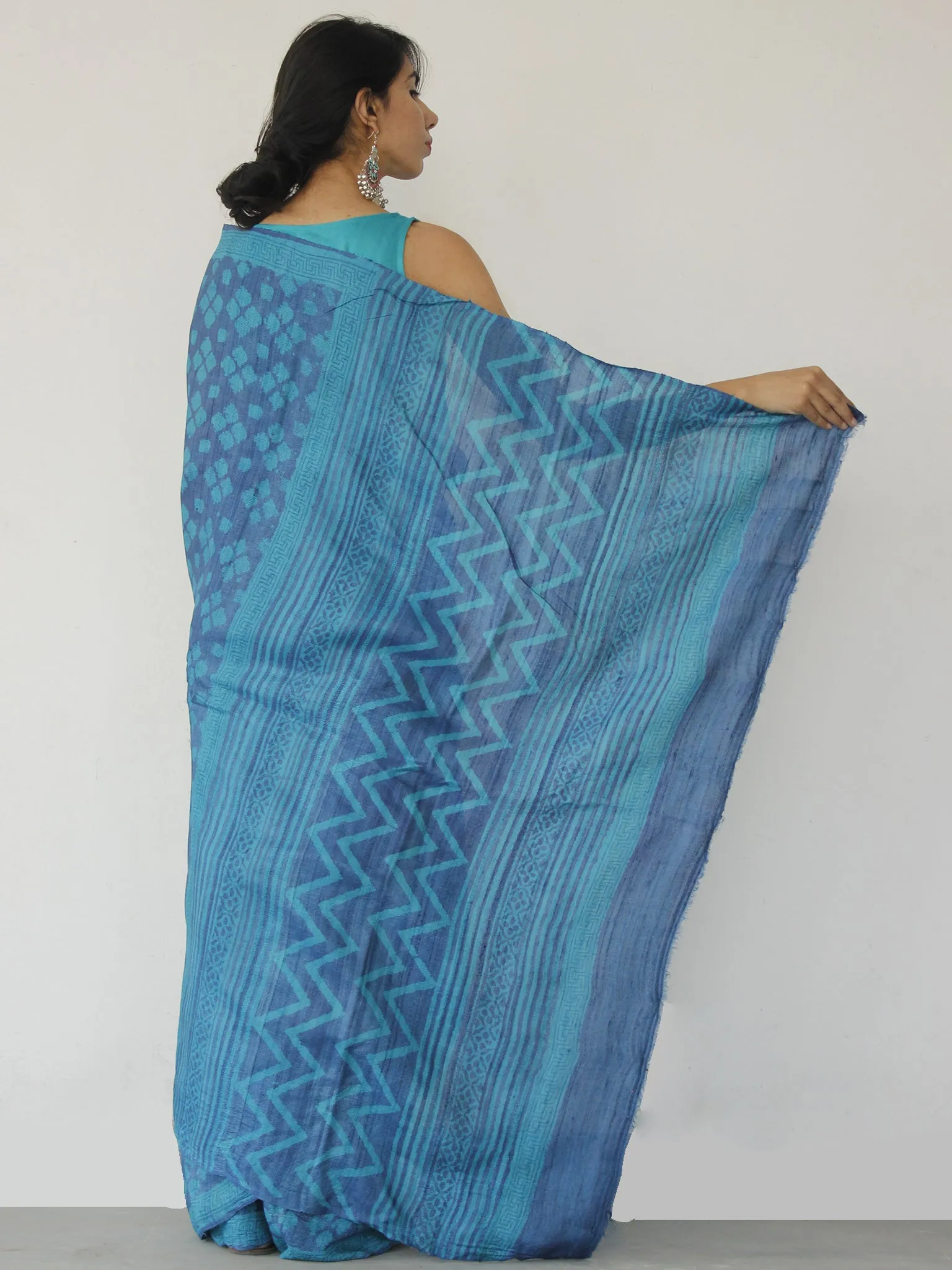 Tussar Handloom Silk Hand Block Printed Saree in Metallic Blue Indigo - S031702550