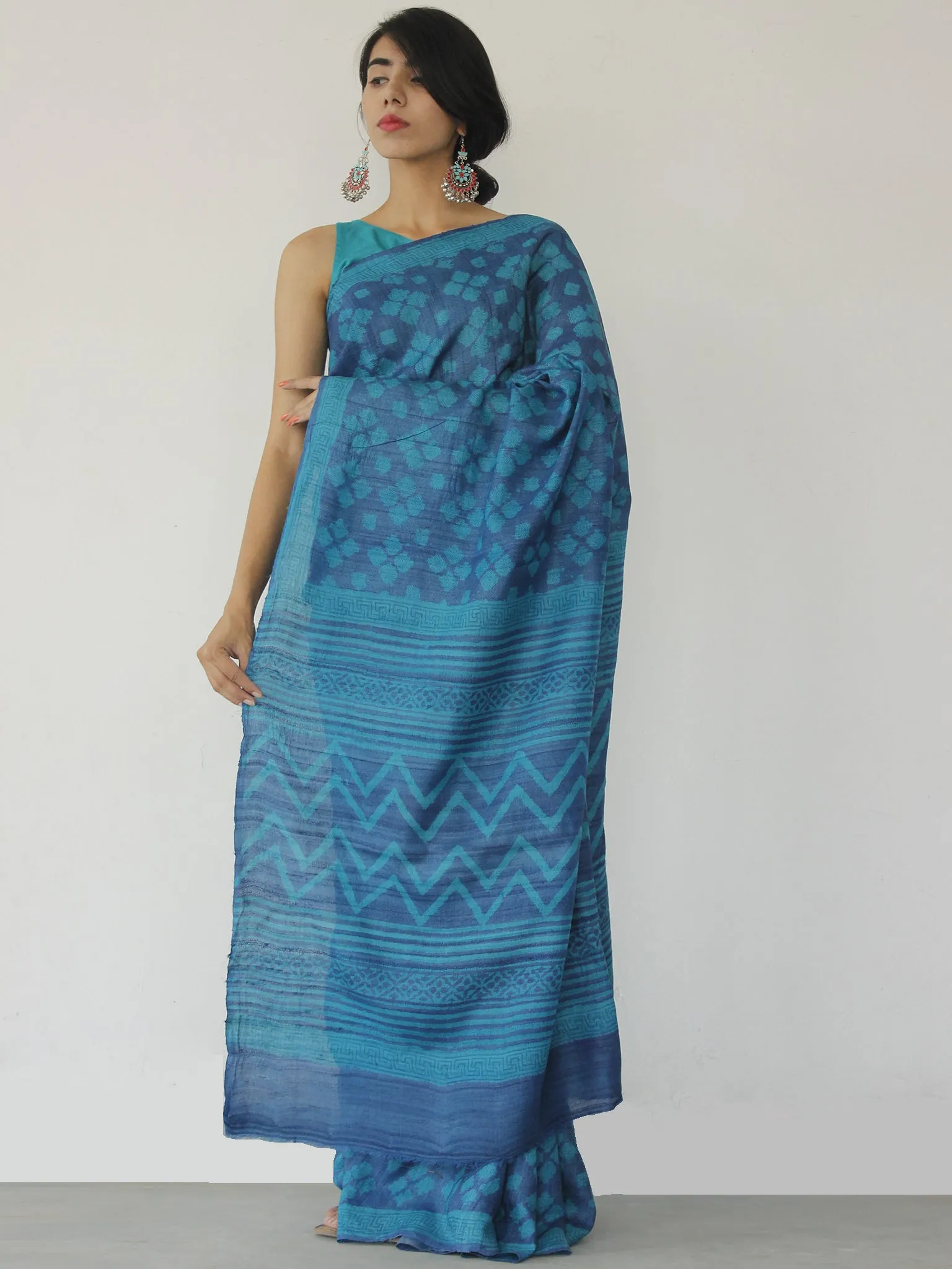 Tussar Handloom Silk Hand Block Printed Saree in Metallic Blue Indigo - S031702550