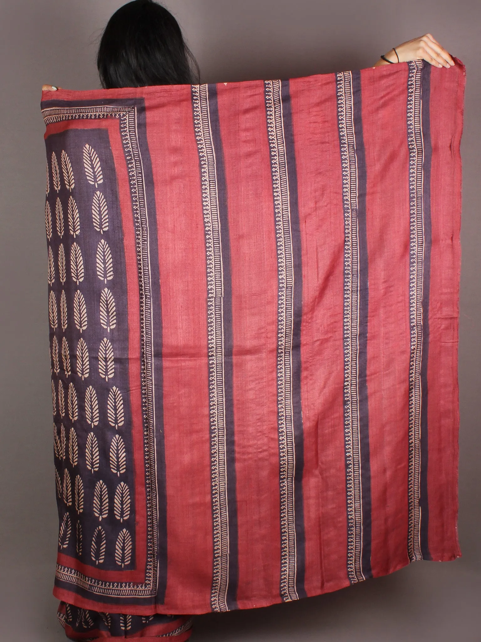 Tussar Handloom Silk Hand Block Printed Saree in Purple Beige Maroon - S03170951