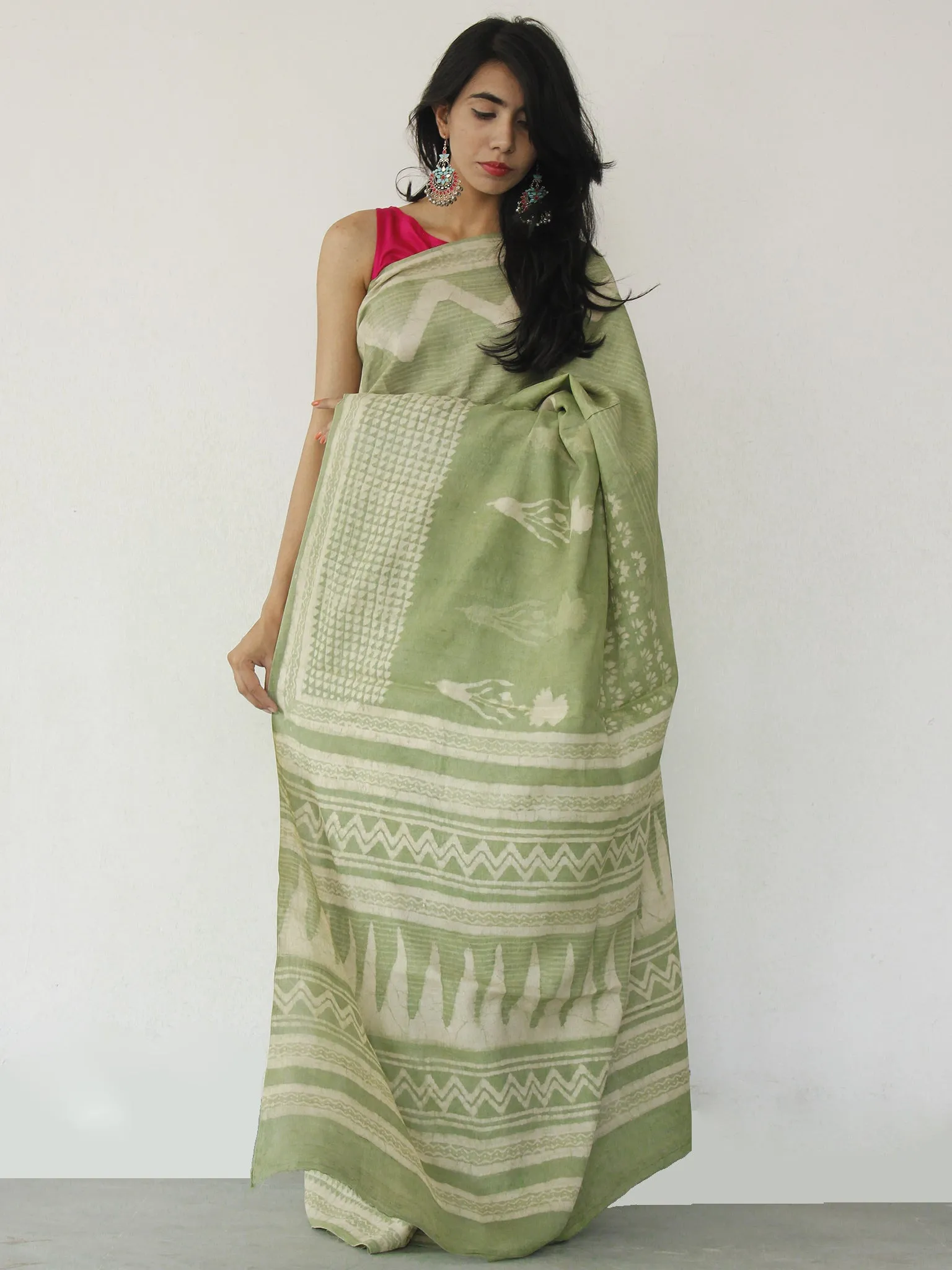 Tussar Handloom Silk Hand Block Printed Saree in Sage Green Ivory - S031702541