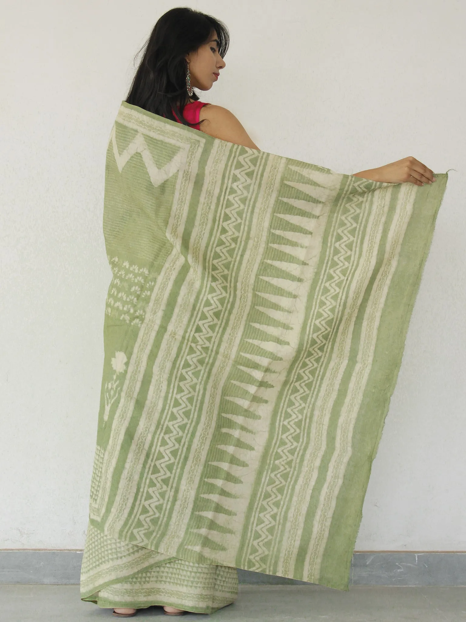 Tussar Handloom Silk Hand Block Printed Saree in Sage Green Ivory - S031702541