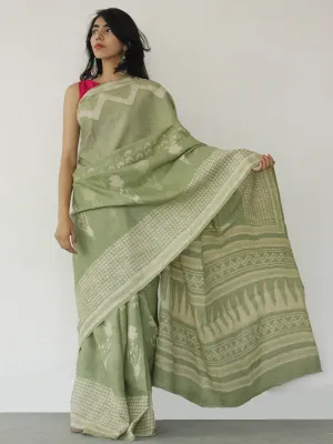 Tussar Handloom Silk Hand Block Printed Saree in Sage Green Ivory - S031702541