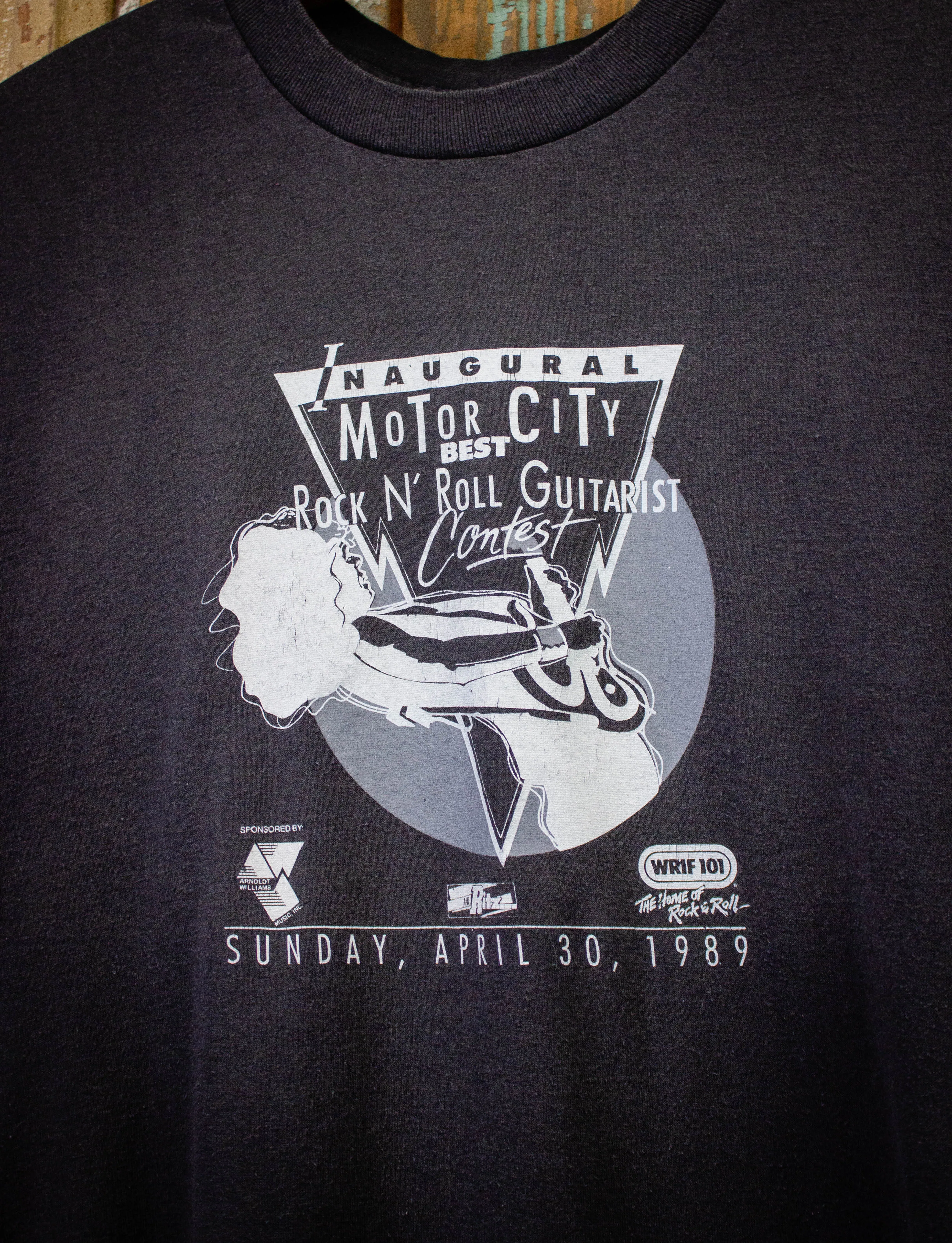 Vintage Motor City Rock n' Roll Guitarist Contest Graphic T Shirt 1989 Black Large