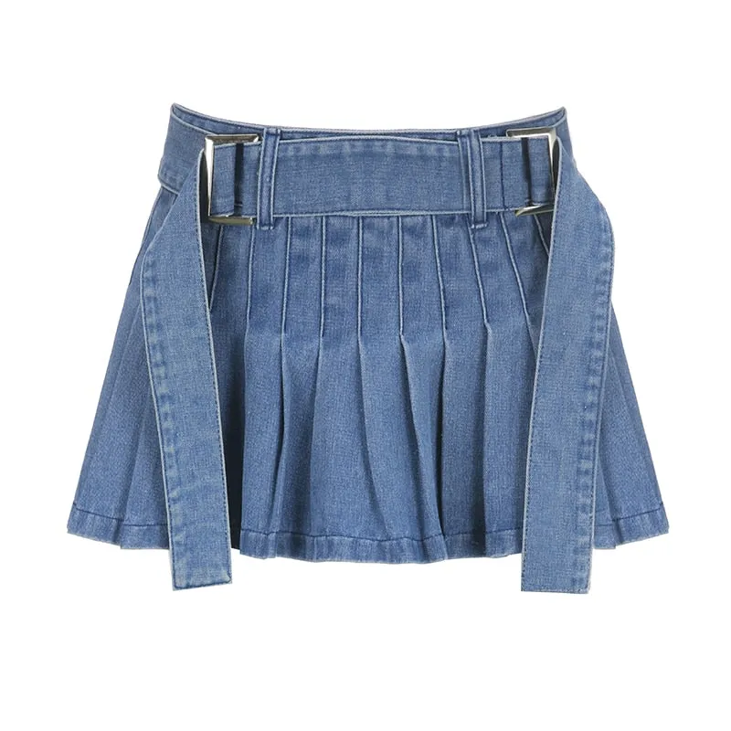 Wenkouban Sunny Y2k Pleated Skirts Denim Blue Bandage Mini Skirts Cute Basic Harajuku Aesthetic Korean Outfits Chic Streetwear 90S New