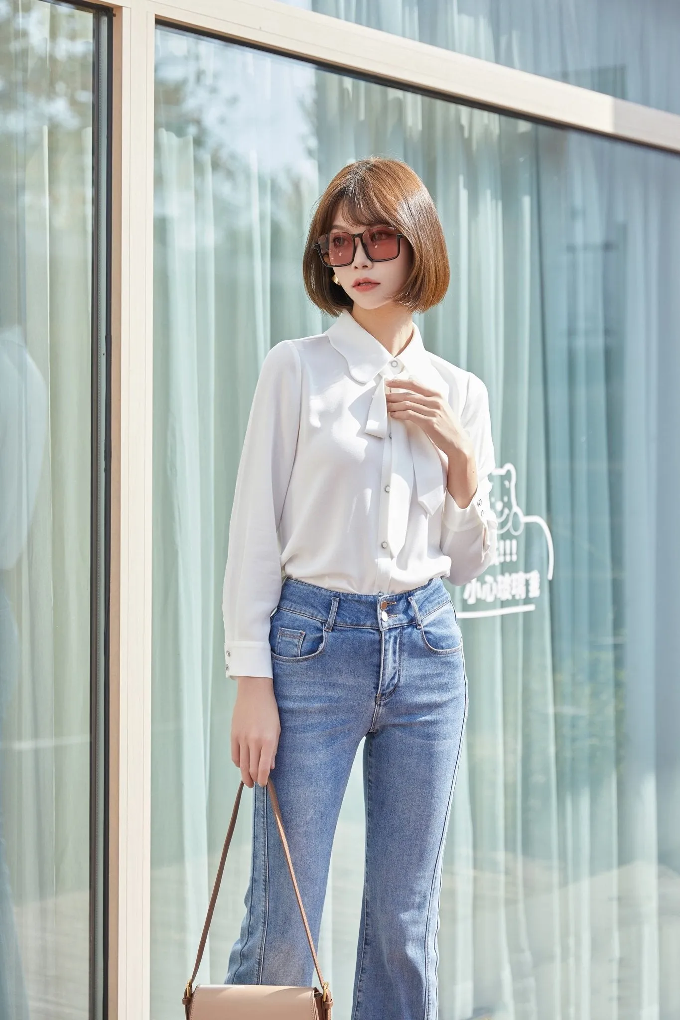 White Bow Tie Blouses Shirt