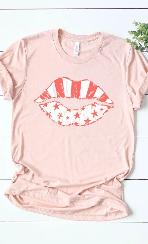 White Stars & pink stripes lips PLUS graphic tee