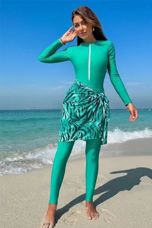 Women's Muslim Modest Front Zipper One-Piece Swimsuit UPF50  Rash Guard With Skirt And Pants