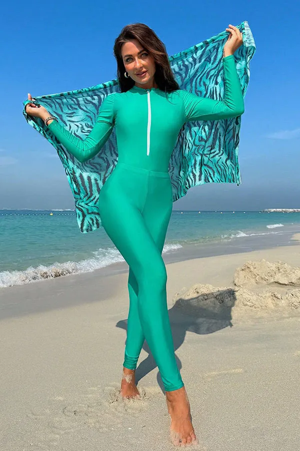 Women's Muslim Modest Front Zipper One-Piece Swimsuit UPF50  Rash Guard With Skirt And Pants