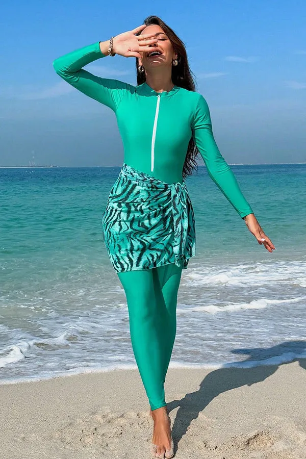 Women's Muslim Modest Front Zipper One-Piece Swimsuit UPF50  Rash Guard With Skirt And Pants